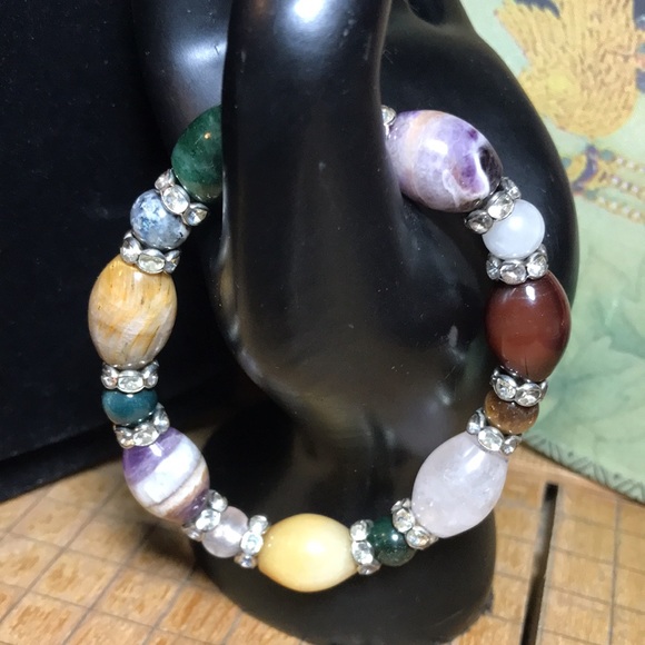 Semiprecious Crystal Mixed Stone Bracelet 7”L Elastic Rhinestone Ring Bead Acct. - Picture 3 of 10